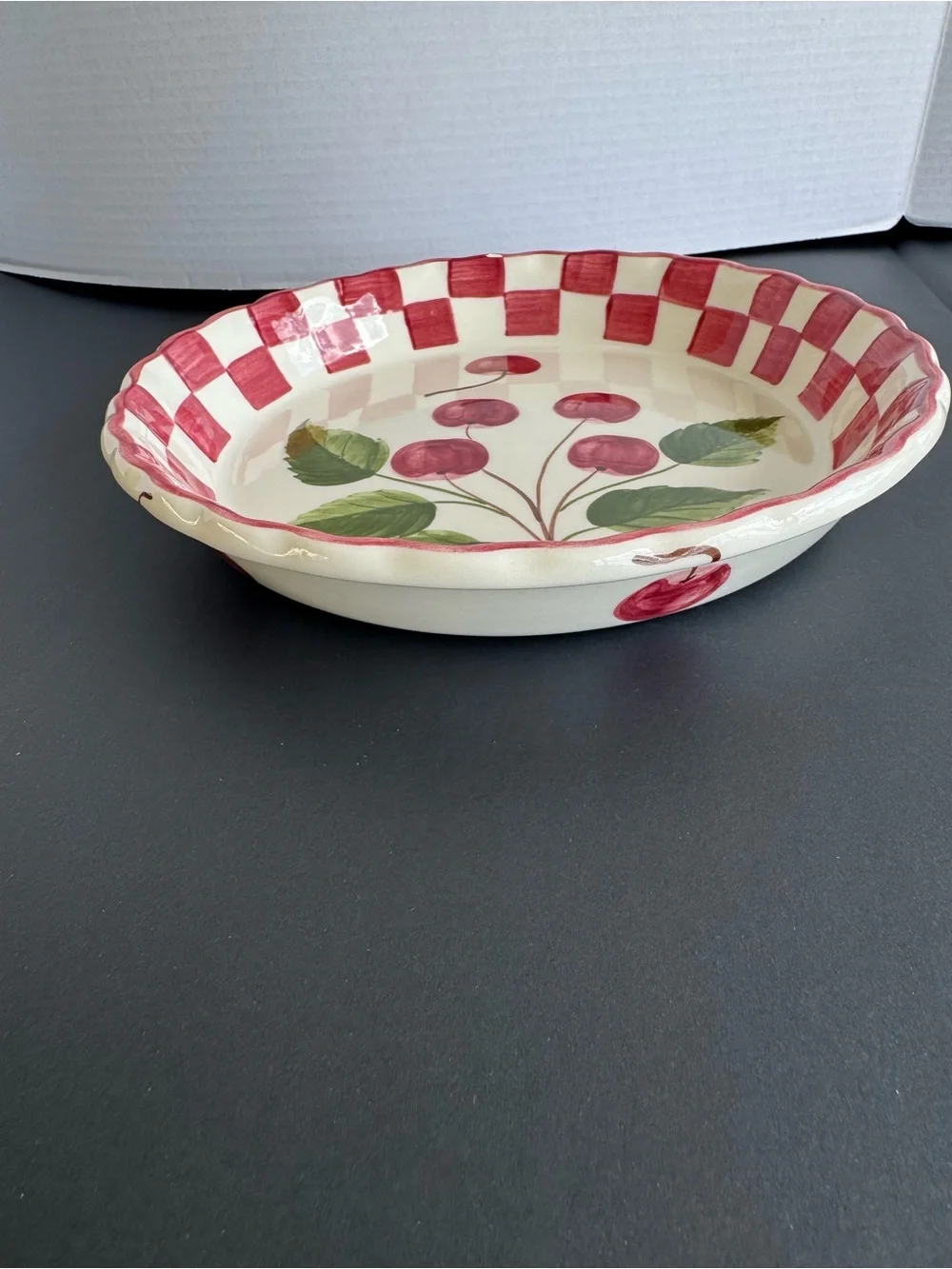 Williams Sonoma Red Cherry Check Ceramic Serving Bowl
